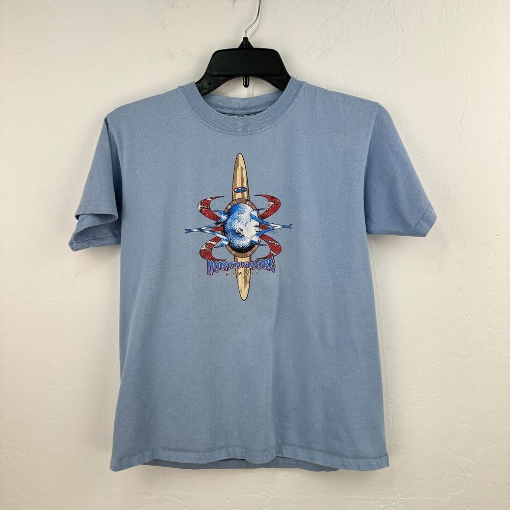Vintage Anvil Tshirt Kids Large Blue Cotton Northshore Hawaii Short‎ Sleeve Tee